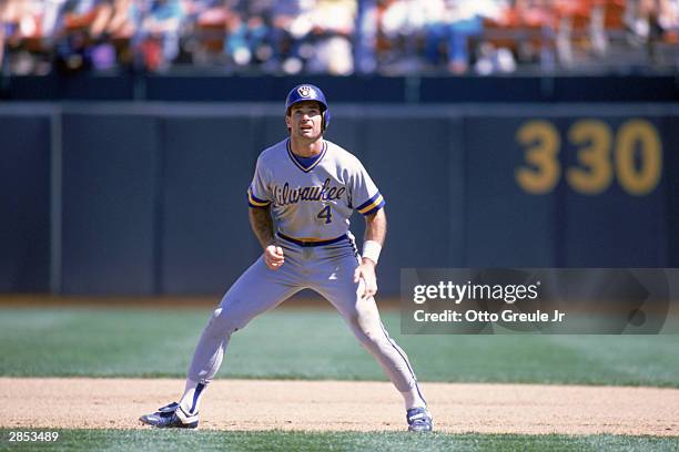 Paul Molitor of the Milwaukee Brewers waits to run the baseline during the 1989 season game against the Oakland Athletics at Oakland-Alameda County...