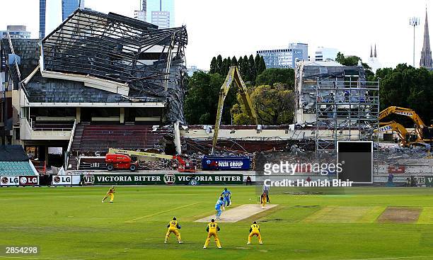 General view of play under the partially demolished Members Stand during the VB Series One Day International between Australia and India at the MCG...