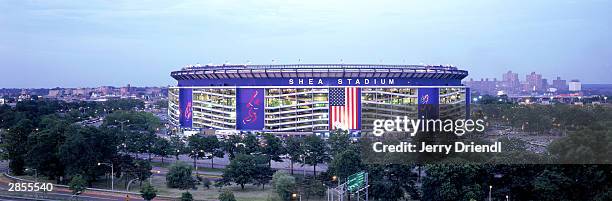 General view of Shea Stadium at dusk during the National League game between the Philadelphia Phillies and the New York Mets at Shea Stadium on July...