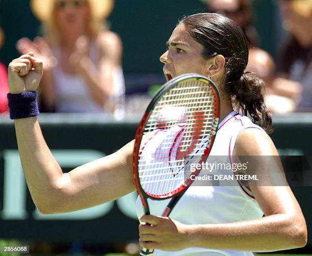 Defending champion Eleni Daniilidou of Greece celebrates a point during her final singles match against Ashley Harkleroad of the USA on finals day of...