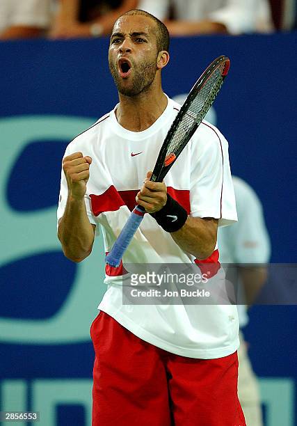 James Blake of USA fires up after breaking the serve of Karol Kucera of Slovak Republic during the Hopman Cup Final between USA and Slovak Republic...