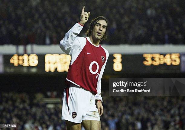 Robert Pires of Arsenal celebrates scoring the third goal for Arsenal during the FA Barclaycard Premiership match between Arsenal and Middlesbrough...