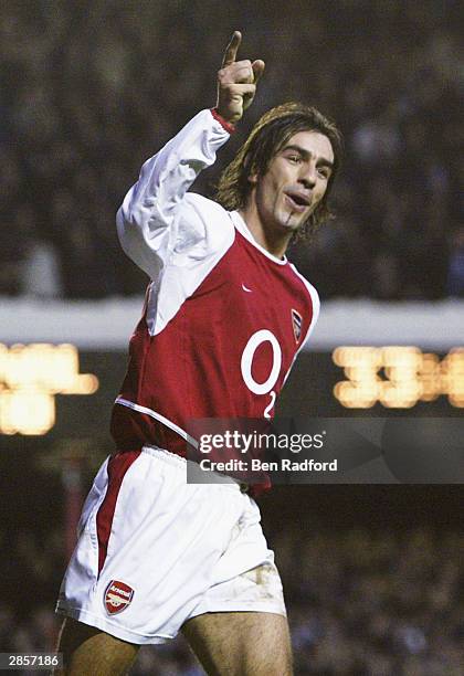 Robert Pires of Arsenal celebrates scoring the third goal for Arsenal during the FA Barclaycard Premiership match between Arsenal and Middlesbrough...