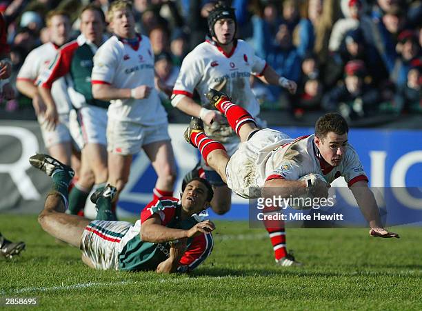 Ulster captain Andy Ward dives over for his second try during the Heineken Cup third round match between Ulster and Leicester Tigers at Ravenhill...