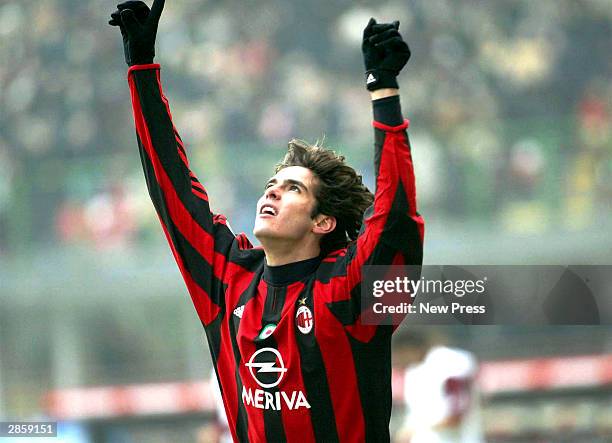 Ricardo Kaka celebrates a goal during the Serie A match between AC Milan and Reggina at the San Siro Stadium on January 11, 2004 in Milan, Italy.