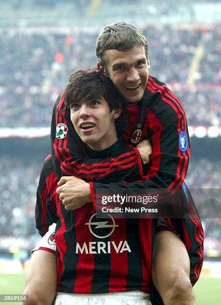 Ricardo Kaka and Andriy Shevchenko celebrate a goal during the Serie A match between AC Milan and Reggina at the San Siro Stadium on January 11, 2004...