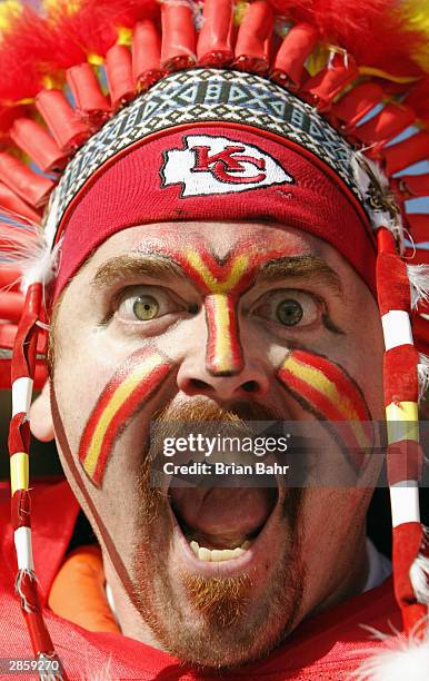 Fan of the Kansas City Chiefs cheers during the game against the Indianapolis Colts in the AFC Divisional Playoffs on January 11, 2004 at the...