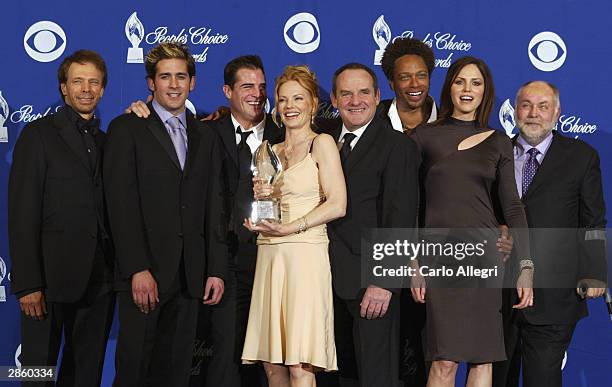 Cast of "CSI: Crime Scene Investigation" producer Jerry Bruckheimer, actors Eric Szmanda, George Eads, Marg Helgenberger, Paul Guilfoyle, Gary...