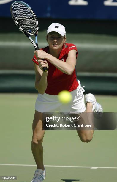 Martina Sucha of Slovakia in action in her match against Akiko Morigami of Japan during the Moorilla International at the Domain Tennis Centre on...
