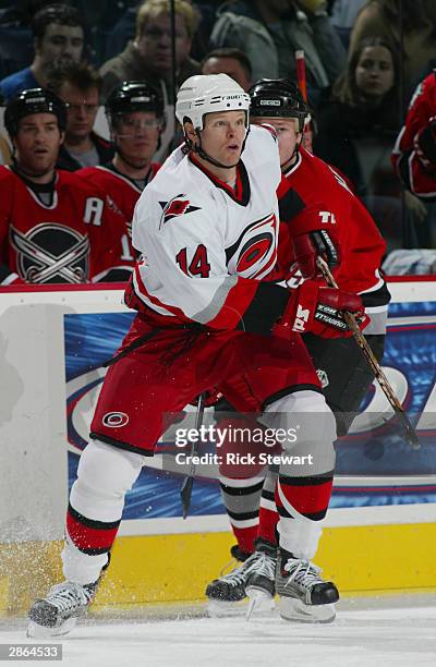 Center Kevyn Adams of the Carolina Hurricanes on the ice during the game against the Buffalo Sabres on November 21, 2003 at the HSBC Arena in...