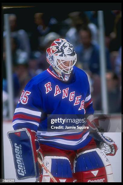 Goaltender Mike Richter of the New York Rangers stands during a game against the Anaheim Mighty Ducks at Arrowhead Pond in Anaheim, California. The...