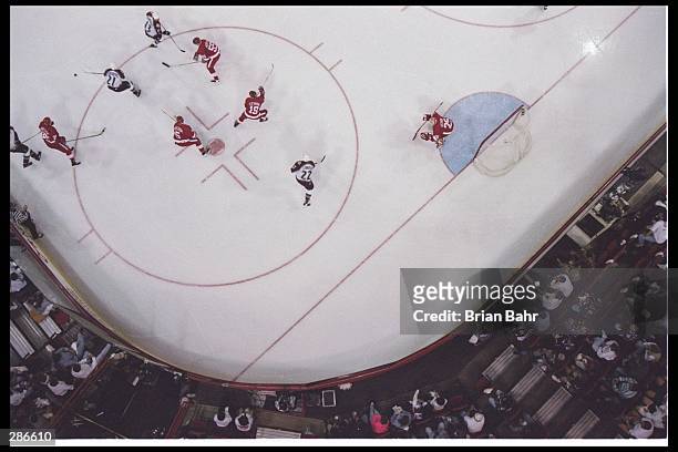 View from above during the Red Wings 4-2 Western Conference Final win over the Colorado Avalanche at McNichols Sports Arena in Denver, Colorado.
