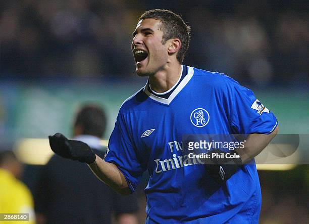 Adrian Mutu of Chelsea celebrates scoring their third goal during the FA Cup Third round replay between Chelsea and Watford at Stamford Bridge on...