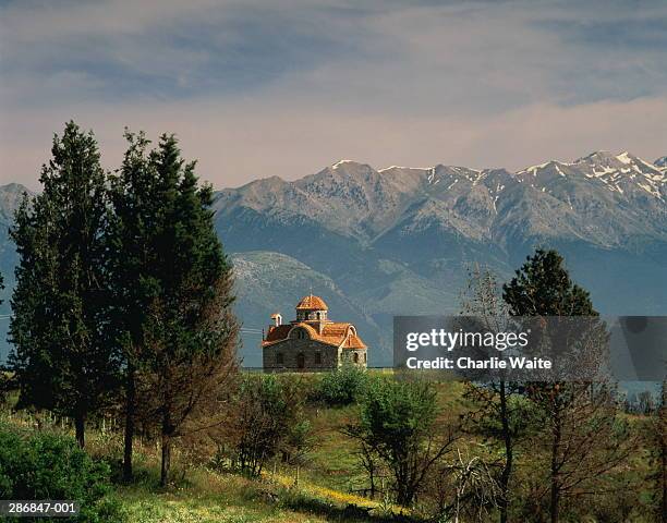 greece,peloponnese,selassia,church on hilltop,mountains in background - arcadia greece stock pictures, royalty-free photos & images