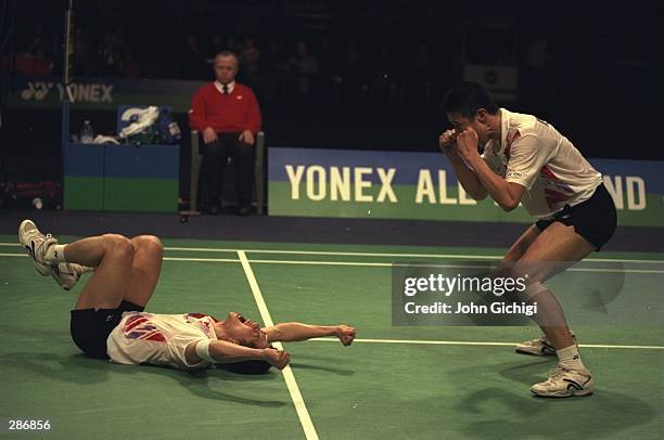 Ha Tae-Kwong and Kang Kyung Jin celebrate during the Yonex All England Championships held at the National Indoor Arena in Birmingham. The partnership...