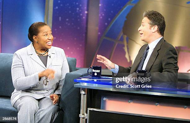 Democratic Presidential candidate Carol Moseley Braun appears with Jon Stewart during "The Daily Show With Jon Stewart" at the Daily Show Studios...