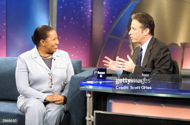Democratic Presidential candidate Carol Moseley Braun appears with Jon Stewart during "The Daily Show With Jon Stewart" at the Daily Show Studios...