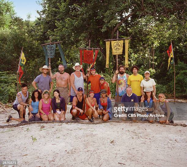 Promotional group portrait of the 18 castmembers of 'Survivor: All-Stars': Colby Donaldson, Richard Hatch, Tom Buchanan, Rob Cesternino, Susan Hawk,...