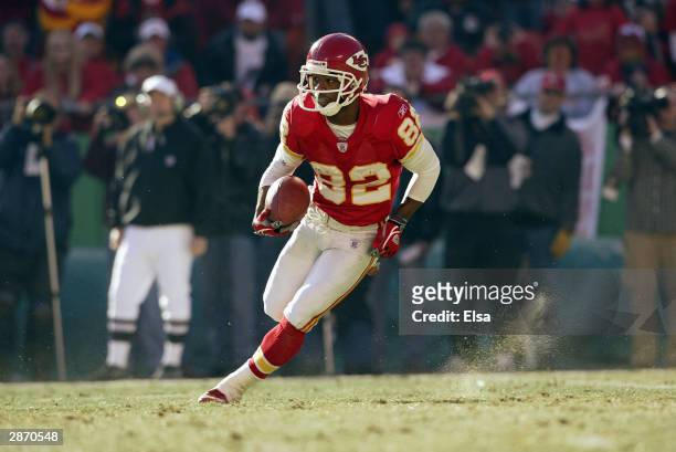 Kick returner Dante Hall of the Kansas City Chiefs returns a kick during the game against the Indianapolis Colts in the AFC Divisional Playoffs on...