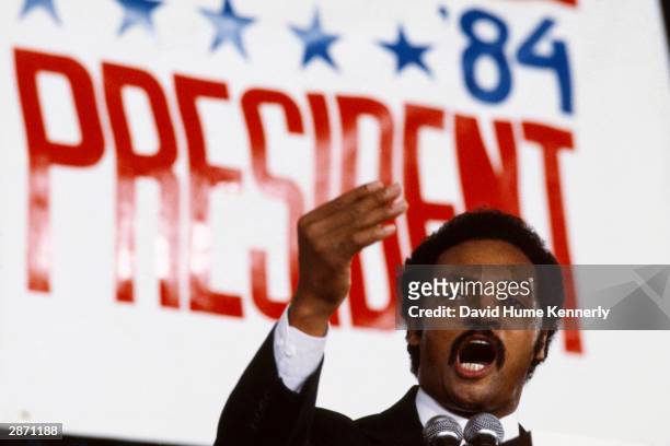Politician Jesse Jackson delivers a speech during his 1984 presidential campaign in Chicago, Illinois.