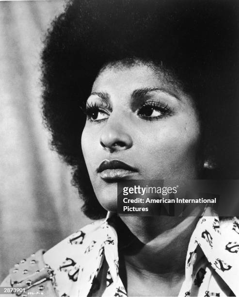 Headshot of American actor Pam Grier in a still from the film, 'Foxy Brown,' directed by Jack Hill, 1974.
