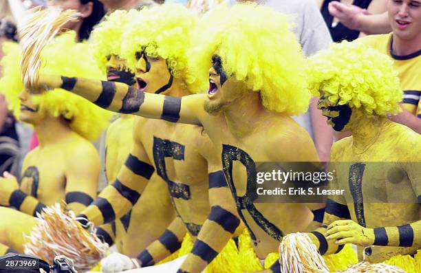 Fans painted in yellow and black colors cheer during the game between the Georgia Tech Yellow Jackets and Auburn Tigers on September 6, 2003 at Bobby...