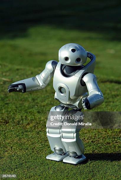 Qrio, a Sony prototype robot, sits on a teebox during the 2nd round of the Sony Open on January 16, 2004 at the Waialae Country Club in Honolulu,...