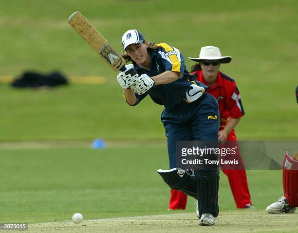 Victorian captain Belinda Clark in action on her way to 98 not out in the match between the South Australian Scorpions and the Victorian Spirit at...