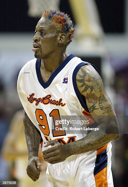 Dennis Rodman of the Long Beach Jam during the game against the Fresno Heatwave on January 16, 2004 at the Pyramid in Long Beach, California.