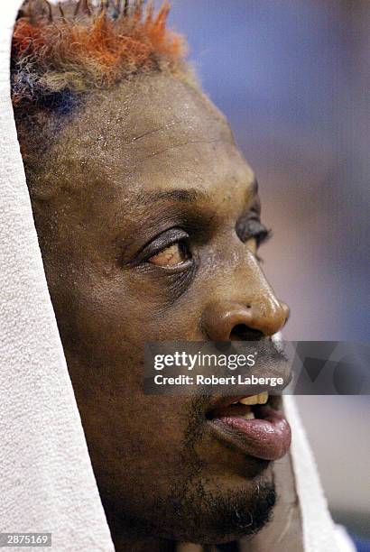 Dennis Rodman of the Long Beach Jam takes a break during the game against the Fresno Heatwave won by the Jam 130-110 on January 16, 2004 at the...