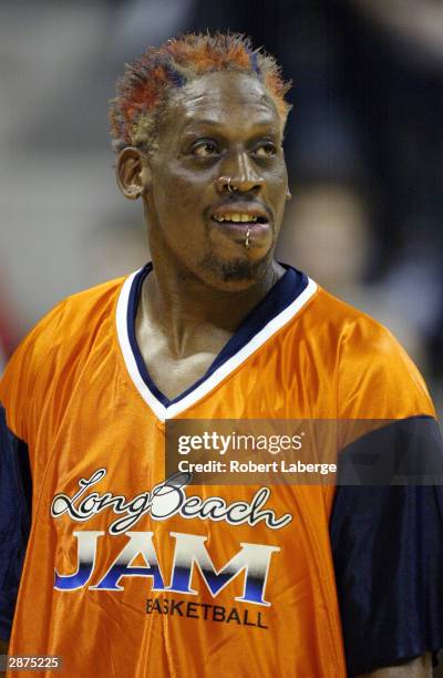 Dennis Rodman of the Long Beach Jam during warm up before the game against the Fresno Heatwave won by the Jam 130-110 on January 16, 2004 at the...