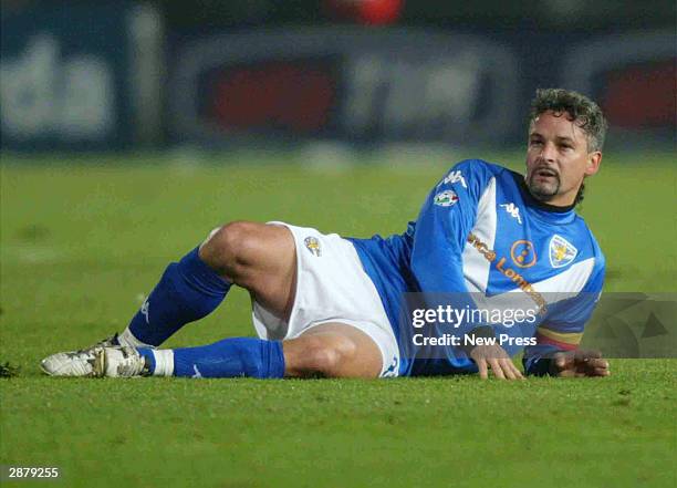 Roberto Baggio of Brescia on the ground during the Serie A match between Brescia and AC Milan played at the Mario Rigamonti Stadium on January 18,...