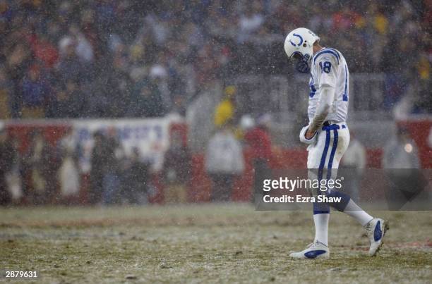 Quarterback Peyton Manning of the Indianapolis Colts walks onto the field as snow falls after the two minute warning in the first half against the...