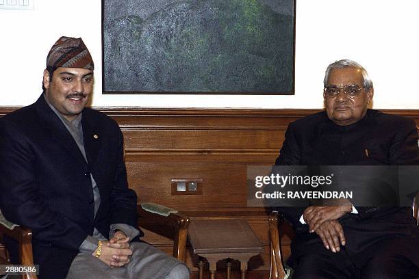 Nepalese Crown Prince Paras Bir Bikram Shah Dev poses with Indian Prime Minister Atal Behari Vajpayee prior to a meeting in New Delhi, 19 January...