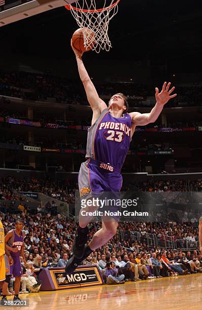 Casey Jacobsen of the Phoenix Suns at the basket past the Los Angeles Lakers defense during the first half of action at Staples Center on January 19,...
