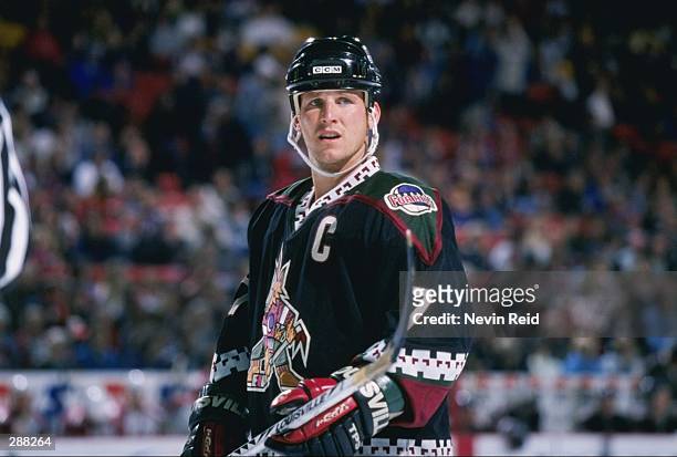 Leftwinger Keith Tkachuk of the Phoenix Coyotes looks on during a game against the Colorado Avalanche at McNichols Sports Arena in Denver, Colorado....