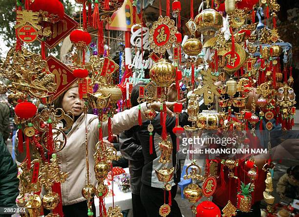 Girl chooses decorative items for the Lunar New Year on sale at a market in downtown Hanoi, 20 January 2004. Vietnamese are to celebrate the Chinese...