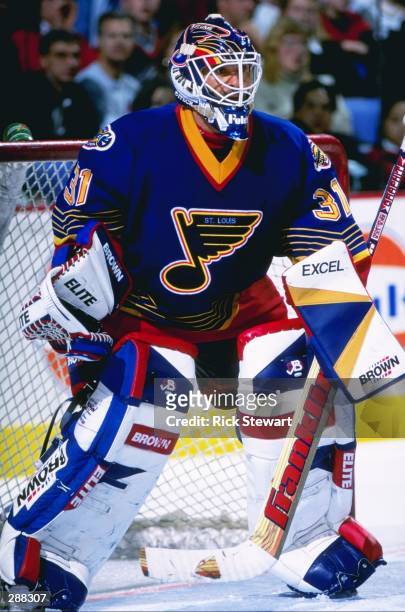 Goaltender Grant Fuhr of the St. Louis Blues looks on during a game against the Buffalo Sabres at the Marine Midland Arena in Buffalo, New York. The...