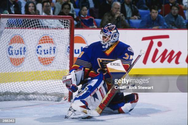Goaltender Grant Fuhr of the St. Louis Blues looks on during a game against the Buffalo Sabres at the Marine Midland Arena in Buffalo, New York. The...