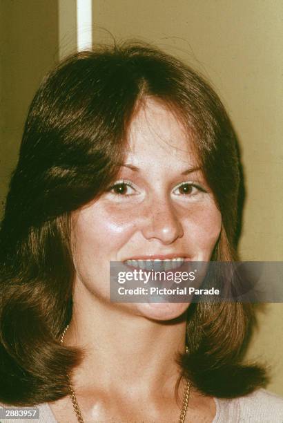 Headshot portrait of American adult film actor Linda Lovelace at a press conference, Los Angeles, California, circa 1980s.