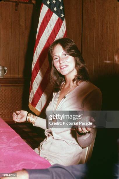 American actor Linda Lovelace, star of the film ' Deep Throat' gives an interview in Los Angeles, October 1973.