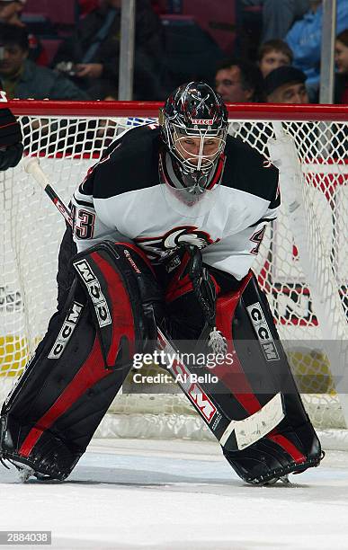 Goalie Martin Biron of the Buffalo Sabres protects the net from the New Jersey Devils at the Continental Airlines Arena on November 19, 2003 in East...