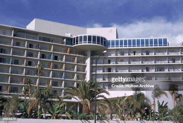 Exterior view of the balconies of the Beverly Hills Hilton, California, circa 1950s.