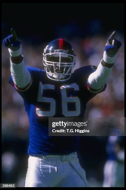 Linebacker Lawrence Taylor of the New York Giants celebrates during a game against the Phoenix Cardinals at Giants Stadium in East Rutherford, New...