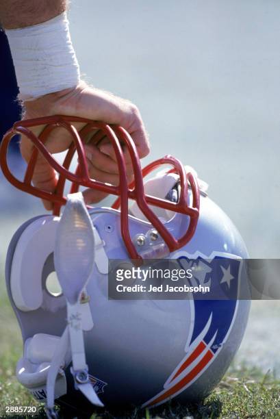 Detail view of a New England Patriots helmet during the game against the Baltimore Ravens at Memorial Stadium on October 6, 1996 in Baltimore,...