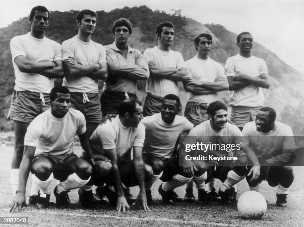 The Brazilian football team, 18th May 1970. Carlos Alberto, Baldocchi, Ado, Fontana, Piazza and Marco Antonio; Jairzinho, Gerson, Pele, Rivelino and...