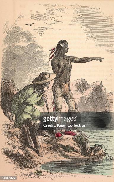 Illustration depicting Native American Squanto , of the Patuxet tribe, serving as guide and interpreter for the pilgrim colonists at the Plymouth...