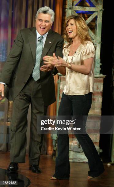 Actress Jennifer Aniston appears on "The Tonight Show With Jay Leno" on January 21, 2004 at the NBC Studios, in Burbank, California.