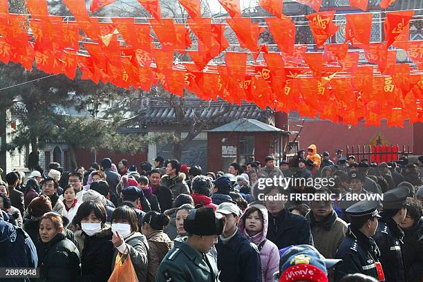 Crowds throng the Baiyunguan taoist temple in Beijing, 22 January 2004 on New Year's day. Chinese in the capital ushered in the Year if the Monkey,...