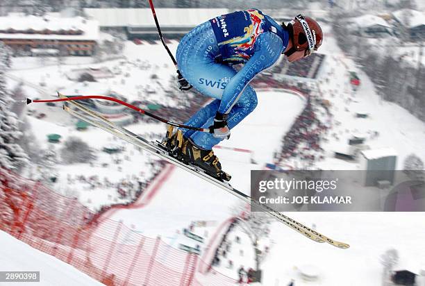 Bruno Kernen of Switzerland flies through the most difficult part of the Hahnenkamm during the men's FIS World Cup downhill in Kitzbuhel 22 January...